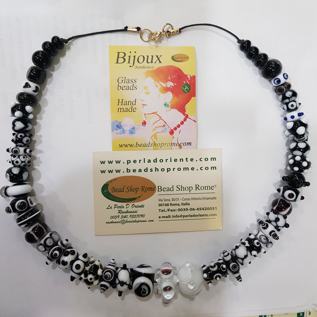 Special Murano Glass; Clear, Black &White Necklace free Shipping