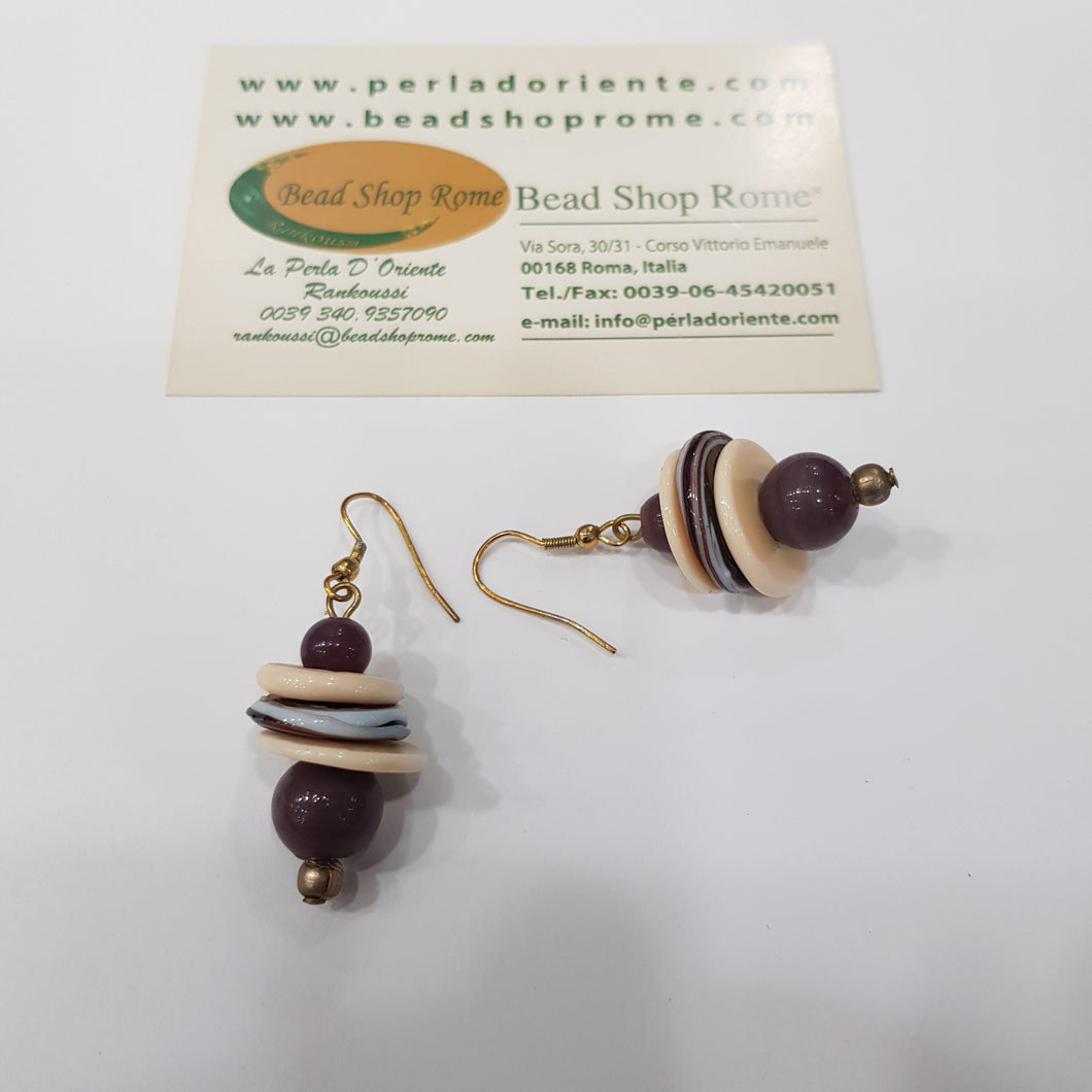 Earrings  bead dark purple with disk